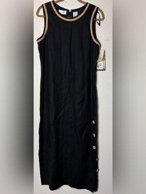 Liz Claiborne Black Midi Dress 100% Linen with Tan Trim 12 NWT